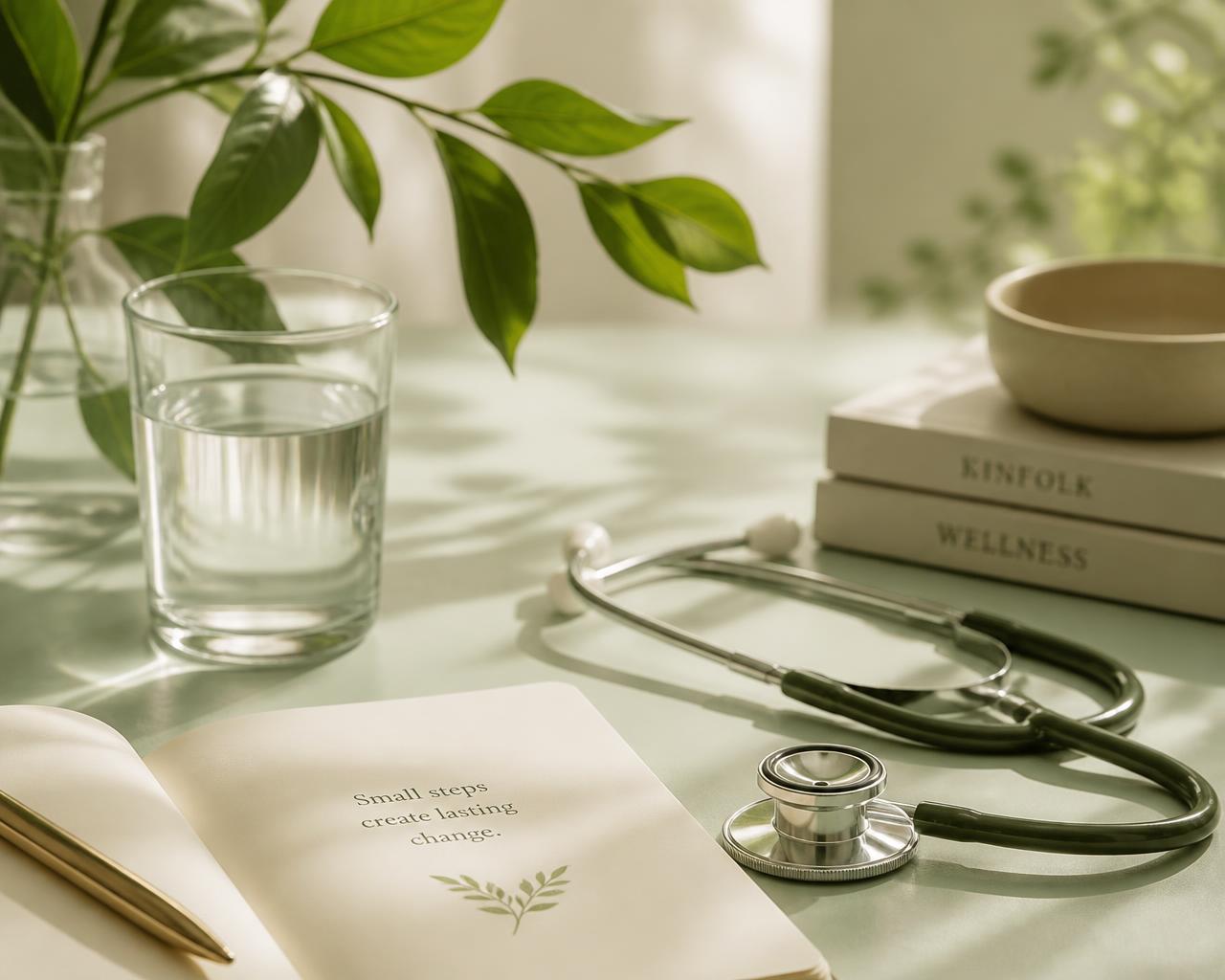 Evidence-based wellness desk with stethoscope, notes, and medical references